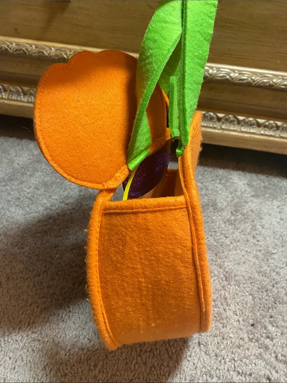 Disney Orange Pumpkin Minnie Trick-or-Treat Bag with Purple Bow and Green Handle
